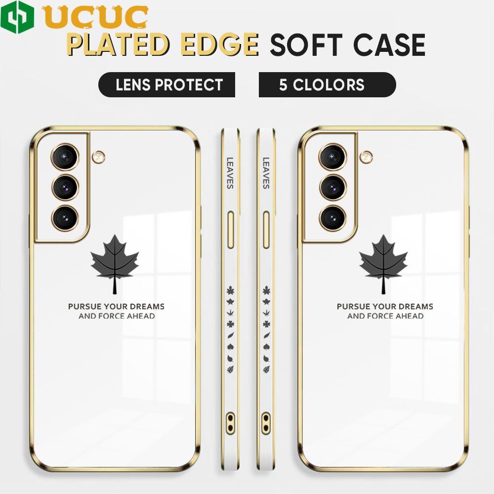 UCUC for Samsung Galaxy S21 5G Back Cover + Free Lanyard Maple Leaf Luxury 6D Plating Case Side Pattern Soft Silicone Square Phone Cases
