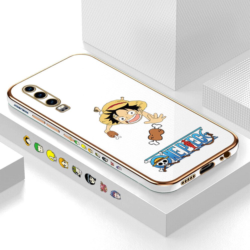 Luxury 6D Plating Case for Huawei P30 Gluttonous Cartoon Luffy Side Pattern Back Cover Soft Silicone Square Frame Shiny Bling Phone Cases + Free Lanyard