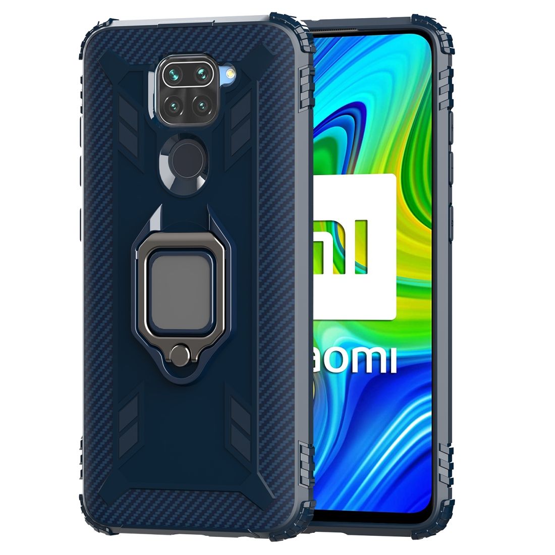 （Ready Stock)For Xiaomi Redmi 10X / Note 9 Carbon Fiber Protective Case with 360 Degree Rotating Ring Holder(Red)