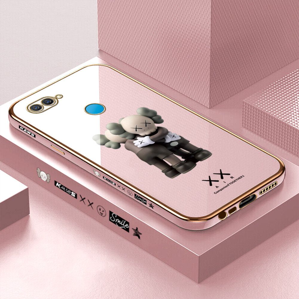 Luxury 6D Plating Case for OPPO A7 Embrace Cartoon Bear Side Pattern Back Cover Soft Silicone Square Frame Shiny Bling Phone Cases + Free Lanyard
