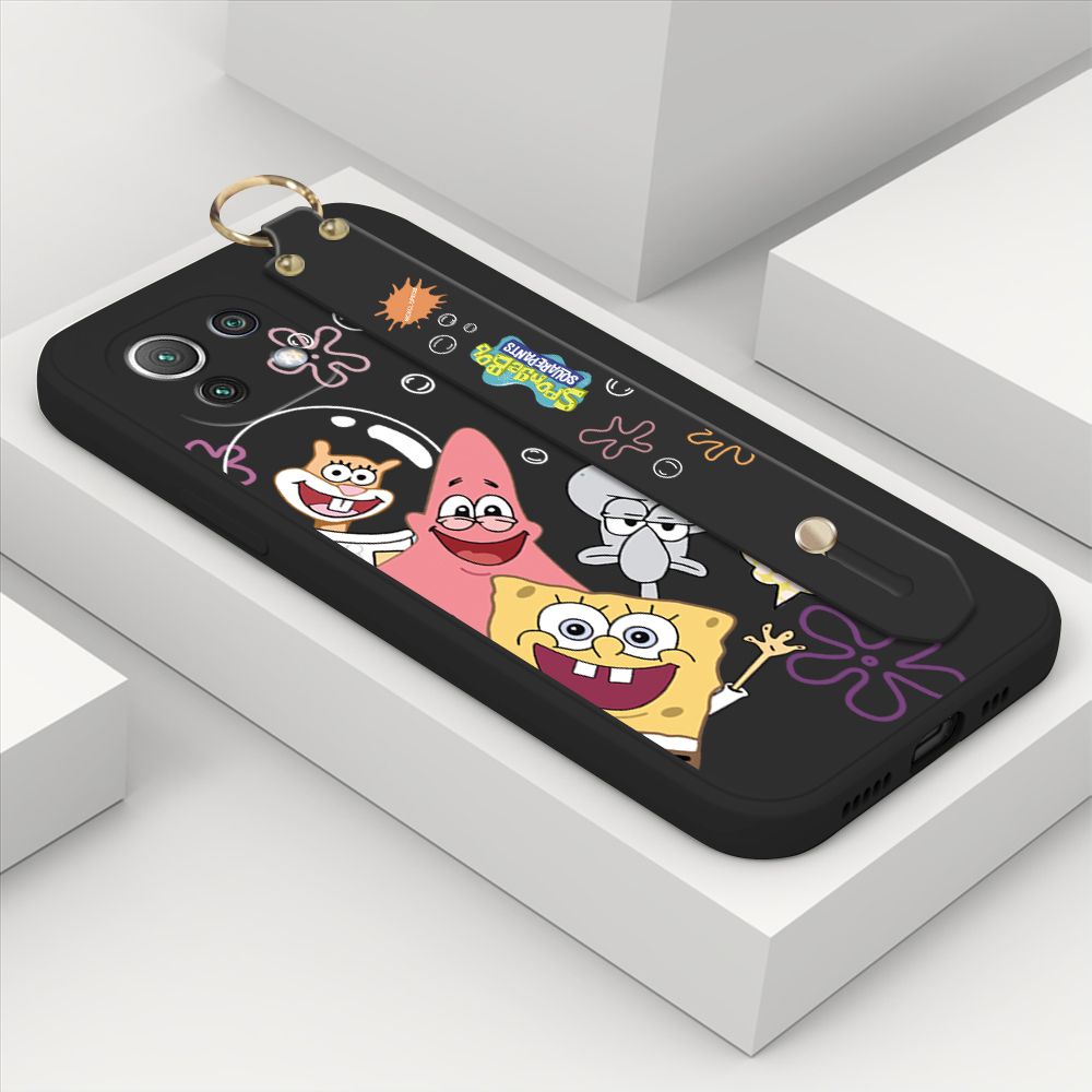 ZeroQiQi for Xiaomi Mi 11 Lite 5G Wrist Strap Case Cute Cute Funny Cartoon Sponge for Square Pants Cover Square Edge Liquid Silicone Anti-drop Phone Case