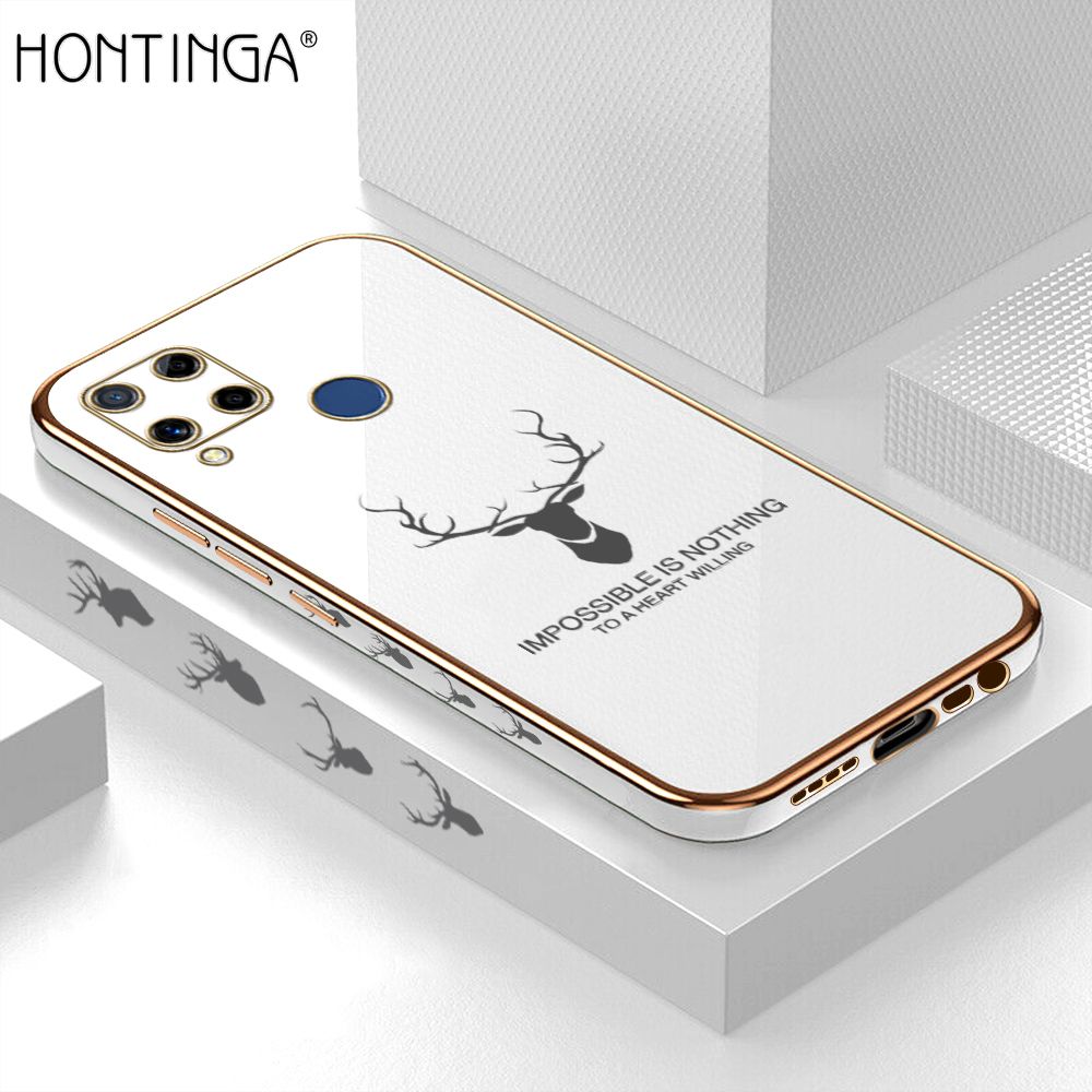 Hontinga for Realme C15 Back Cover + Free Lanyard Luxury 6D Plating Cartoon Lucky Side Pattern Case Soft Silicone Square Phone Cases