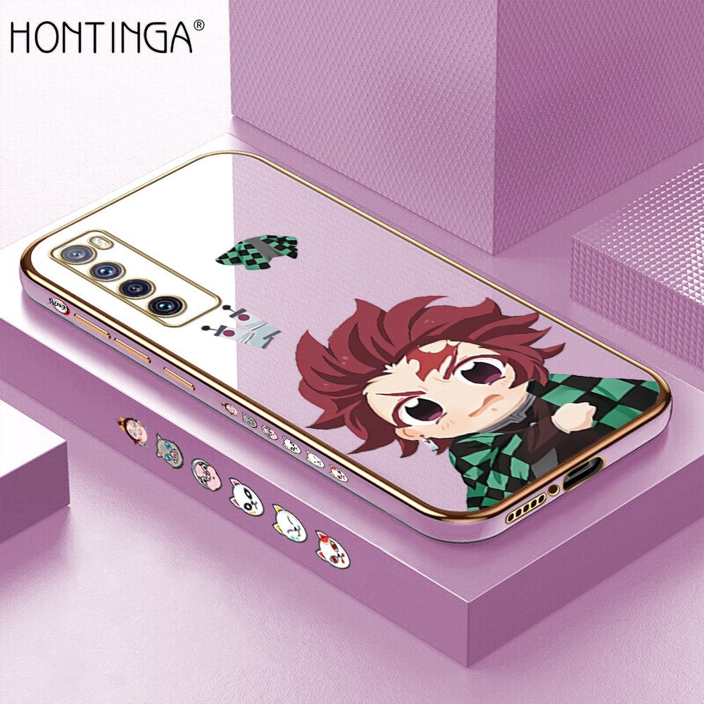 Hontinga for Huawei Nova 7 Back Cover + Free Lanyard Luxury 6D Plating Cartoon Anime Tanjirou Side Pattern Case Soft Silicone Square Mobile Cover