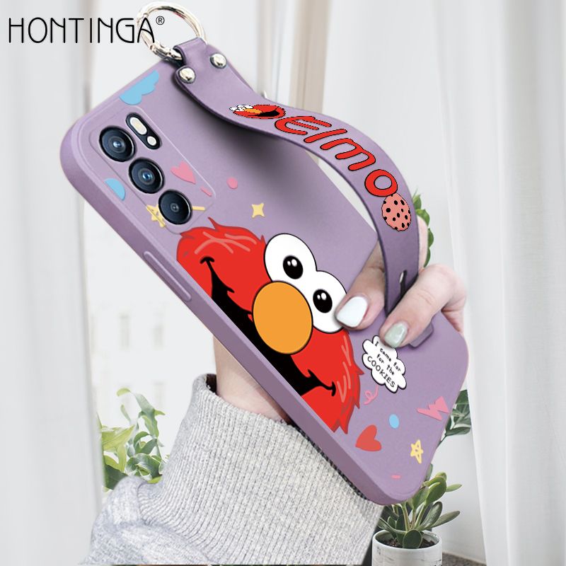 Hontinga for OPPO Reno6 5G Wrist Strap Case Cute Cute Cartoon Little Monster Phone Cover Square Edge Liquid Silicone Case Full Cover Camera Shockproof Protective Cases