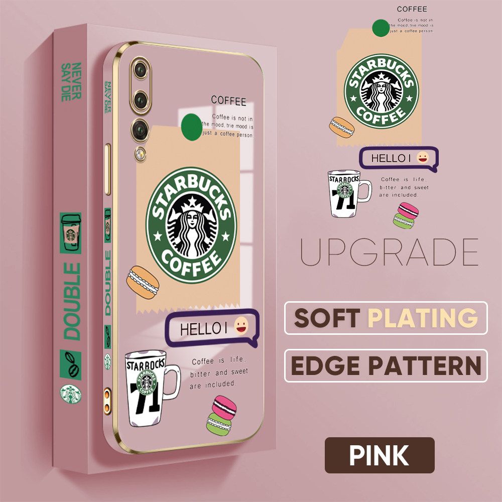Jizetin (Free Lanyard) Huawei P20 Pro Back Cover Two Coffee Macaron Luxury 6D Plating Case Side Pattern Soft Silicone Square Mobile Phone Cases