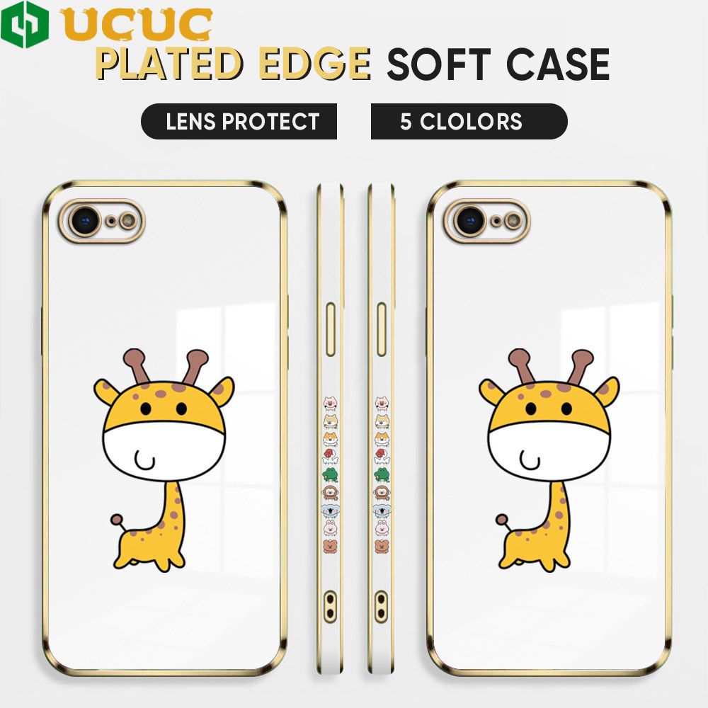 UCUC for iPhone 7 8 SE 2020 SE 2022 Back Cover + Free Lanyard Big Head Giraffe Luxury 6D Plating Case Side Pattern Soft Silicone Square Phone Cases