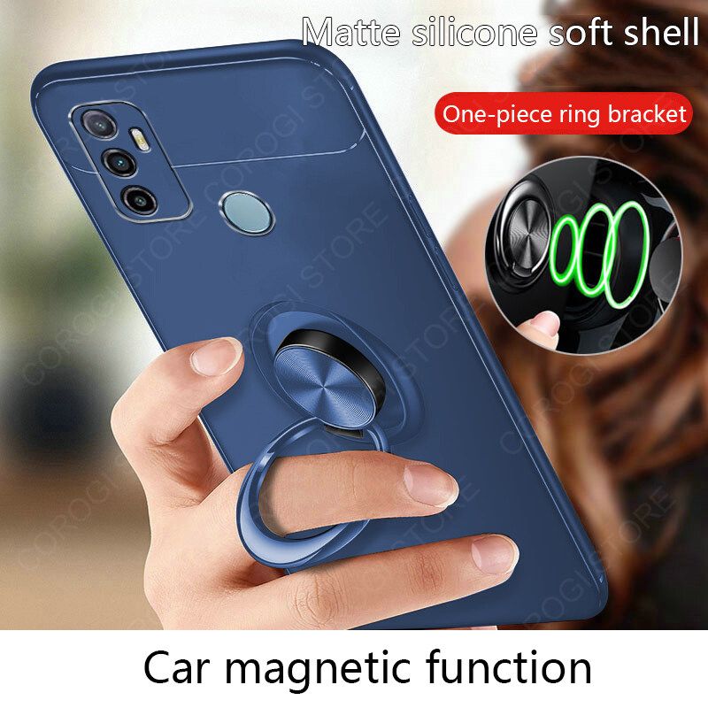 For OPPO A53 2020 Cover Shockproof Soft TPU Silicone Rubber Phone Case with Metal Finger Ring Stand Holder Magnetic Car Mount Protective Back Cover