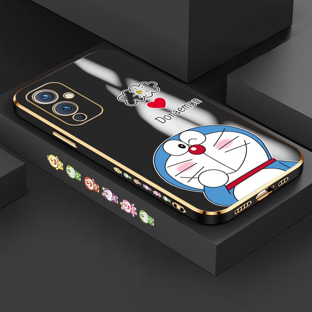 Hontinga for OnePlus 9 Back Cover + Free Lanyard Luxury 6D Plating Grinning Cartoon Cat Side Pattern Case Soft Silicone Square Mobile Cover
