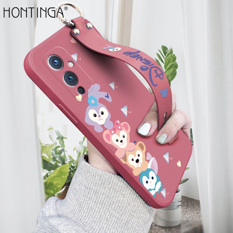 Hontinga for OnePlus 9 Wrist Strap Case INS Cute Style Creative Cartoon Rabbit and Fox Cover Thin Square Edge Liquid Silicone Phone Case