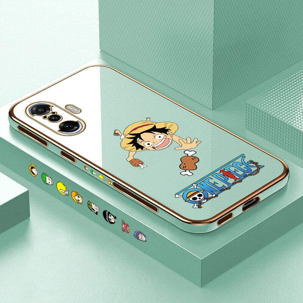 Luxury 6D Plating Case for Xiaomi Poco F3 GT Gluttonous Cartoon Luffy Side Pattern Back Cover Soft Silicone Square Frame Shiny Bling Phone Cases + Free Lanyard