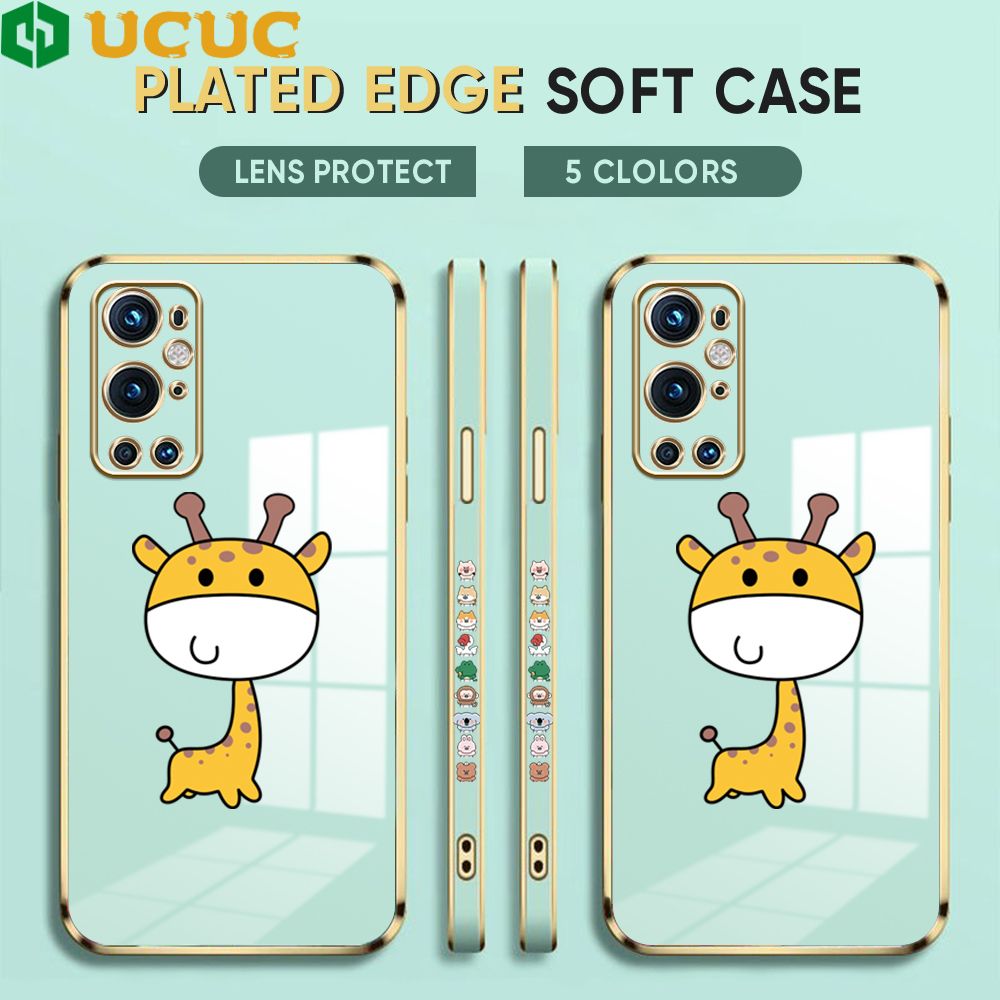 UCUC for OnePlus 9 Pro Back Cover + Free Lanyard Big Head Giraffe Luxury 6D Plating Case Side Pattern Soft Silicone Square Phone Cases