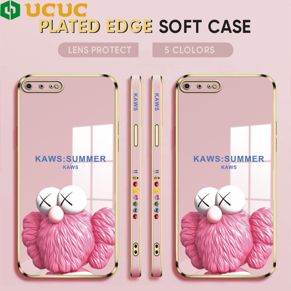 UCUC for iPhone 7 Plus Luxury 6D Plating Soft Casing Silicone Square Frame Phone Case Shiny Bling Back Cover + Free Lanyard Cartoon Pink Doll New design Side Drawing Case