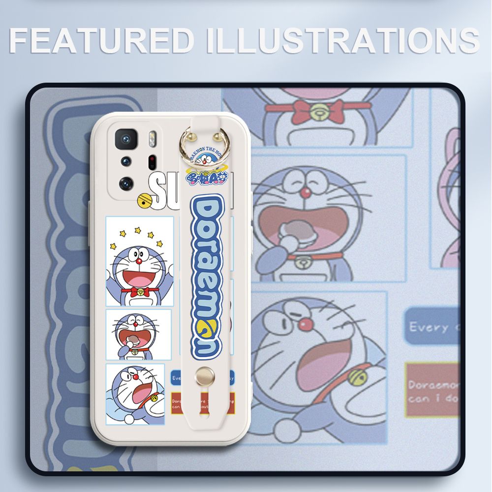 UCUC for Xiaomi Poco X3 GT Wrist Strap Case Creative Cartoon Doraemon's Daily Life Cover Ultra Thin Anti Fall Liquid Silicone Phone Case