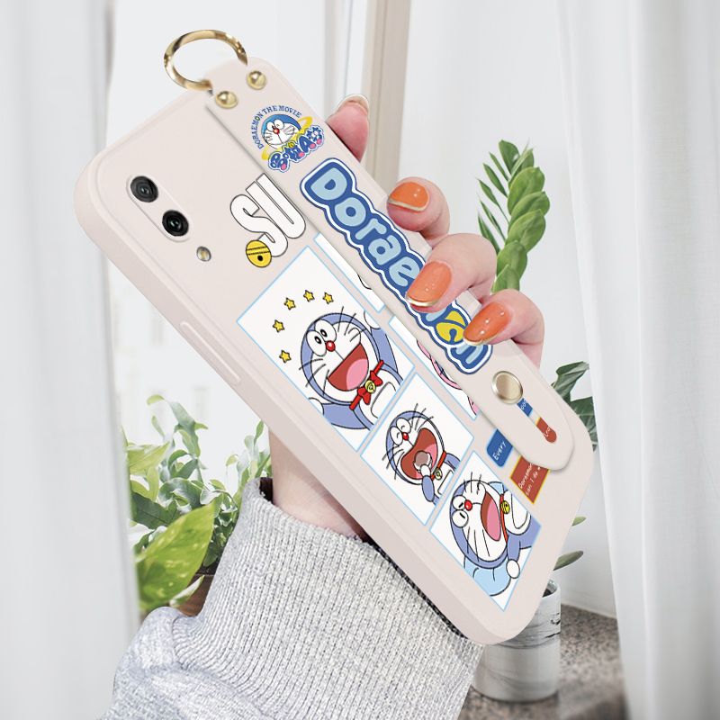 Jizetin for Huawei Y7 Pro 2019 Wrist Strap Case Creative Cartoon Doraemon's Daily Life Cover Ultra Thin Anti Fall Liquid Silicone Phone Case
