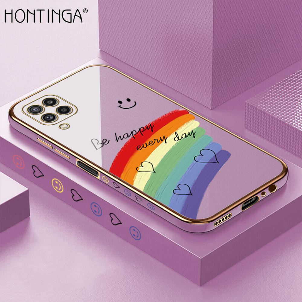 Hontinga for Samsung M32 Back Cover + Free Lanyard Luxury 6D Plating Smile Rainbow Side Pattern Case Soft Silicone Square Mobile Cover