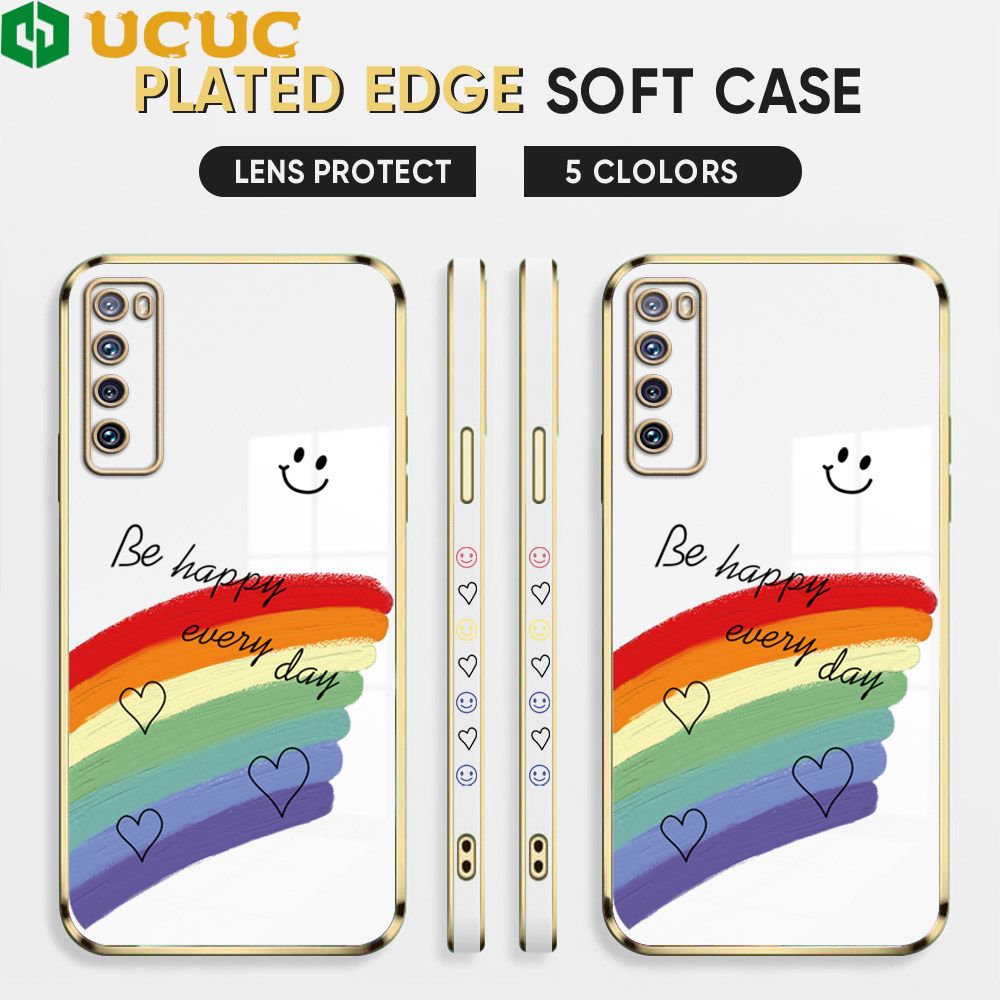 UCUC for Huawei Nova 7 Back Cover + Free Lanyard Rainbow Doodle Luxury 6D Plating Case Side Pattern Soft Silicone Square Phone Cases