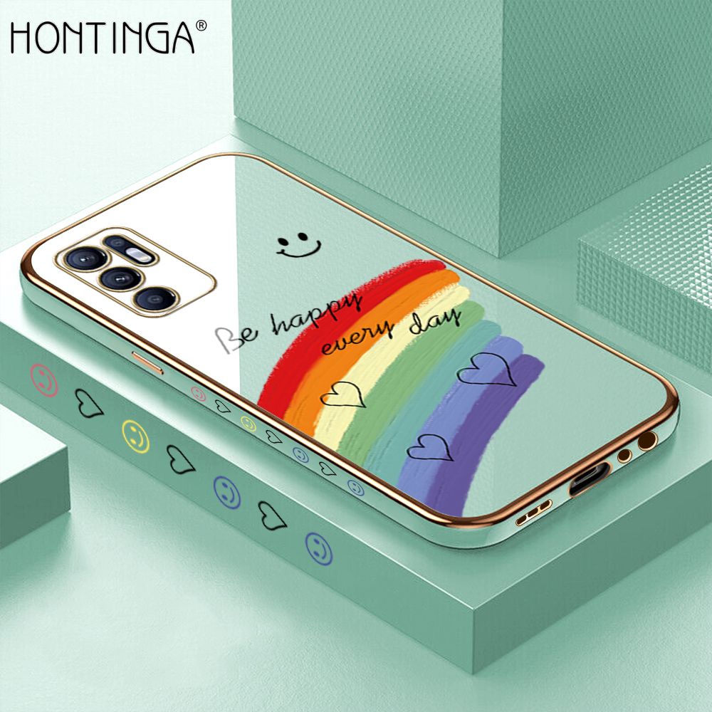 Hontinga for OPPO Reno6 Back Cover + Free Lanyard Luxury 6D Plating Smile Rainbow Side Pattern Case Soft Silicone Square Mobile Cover