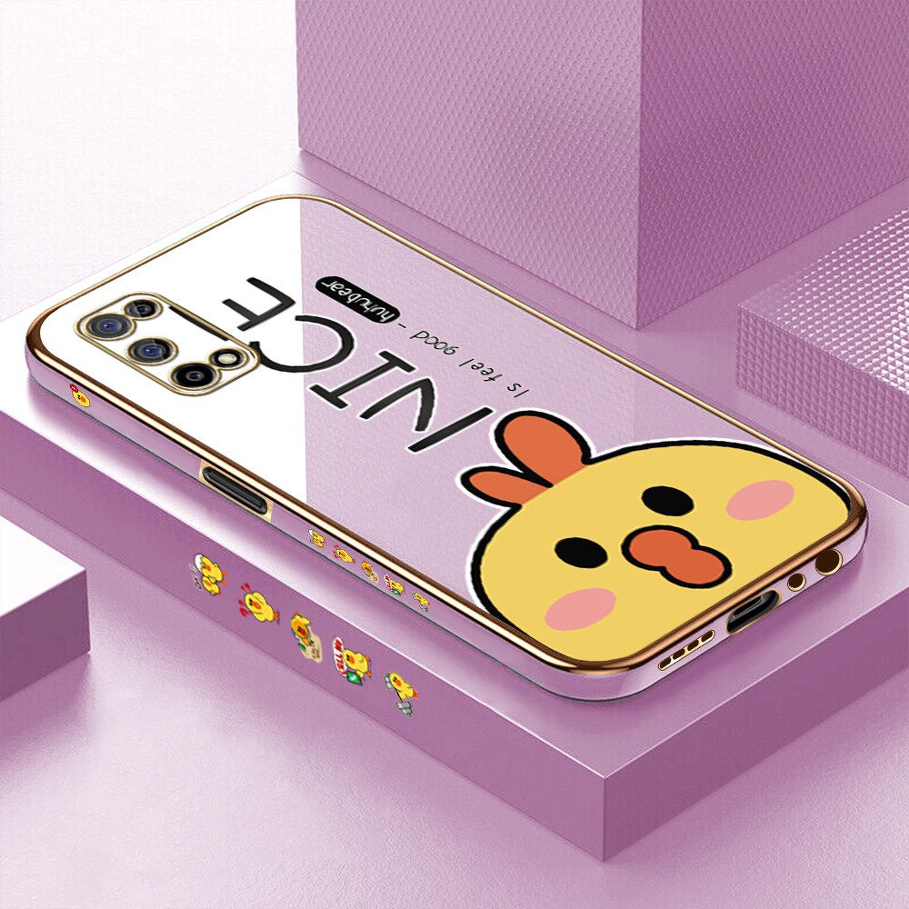 Luxury 6D Plating Case for Realme 7 5G Cute Cartoon Chicken Side Pattern Back Cover Soft Silicone Square Frame Shiny Bling Phone Cases + Free Lanyard
