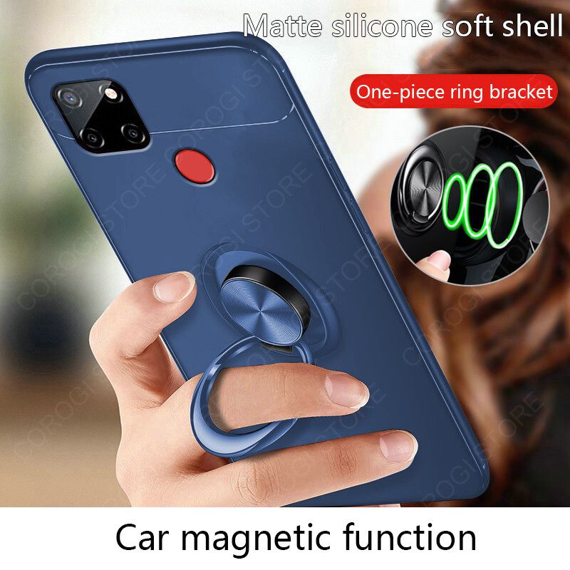 For Realme C12 C25 C25s Cover Shockproof Soft TPU Silicone Rubber Phone Case with Metal Finger Ring Stand Holder Magnetic Car Mount Protective Back Cover