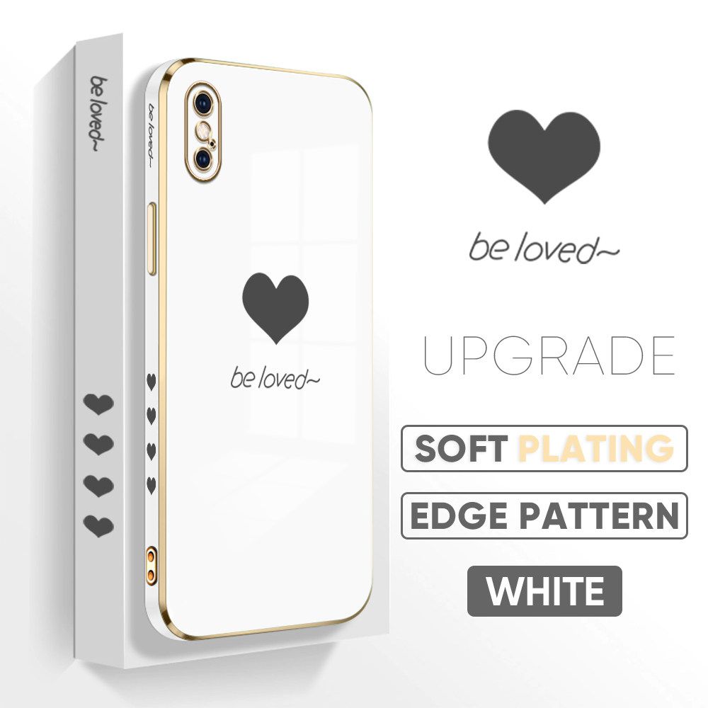 Jizetin (Free Lanyard) iPhone XS Luxury 6D Plating Soft Casing Silicone Square Frame Phone Case Shiny Bling Back Cover New Lover Heart New design Side Drawing Case
