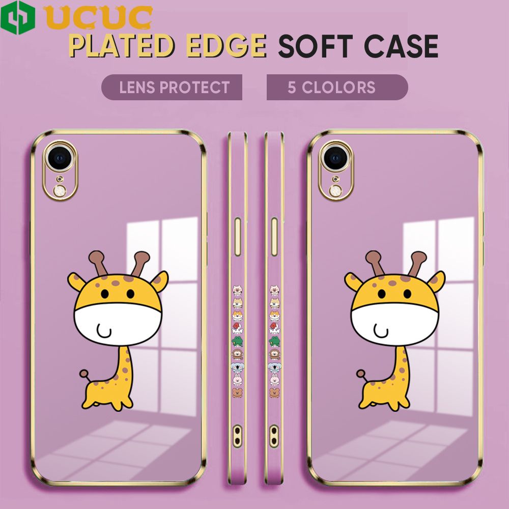 UCUC for iPhone XR Back Cover + Free Lanyard Big Head Giraffe Luxury 6D Plating Case Side Pattern Soft Silicone Square Phone Cases