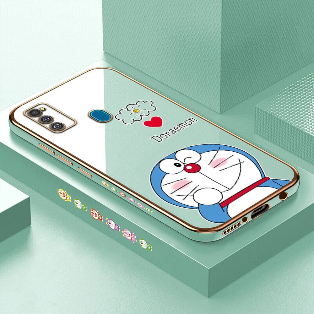 Luxury 6D Plating Case for Samsung M21 M30S Cartoon Giggle Meow Side Pattern Back Cover Soft Silicone Square Phone Cases + Free Lanyard