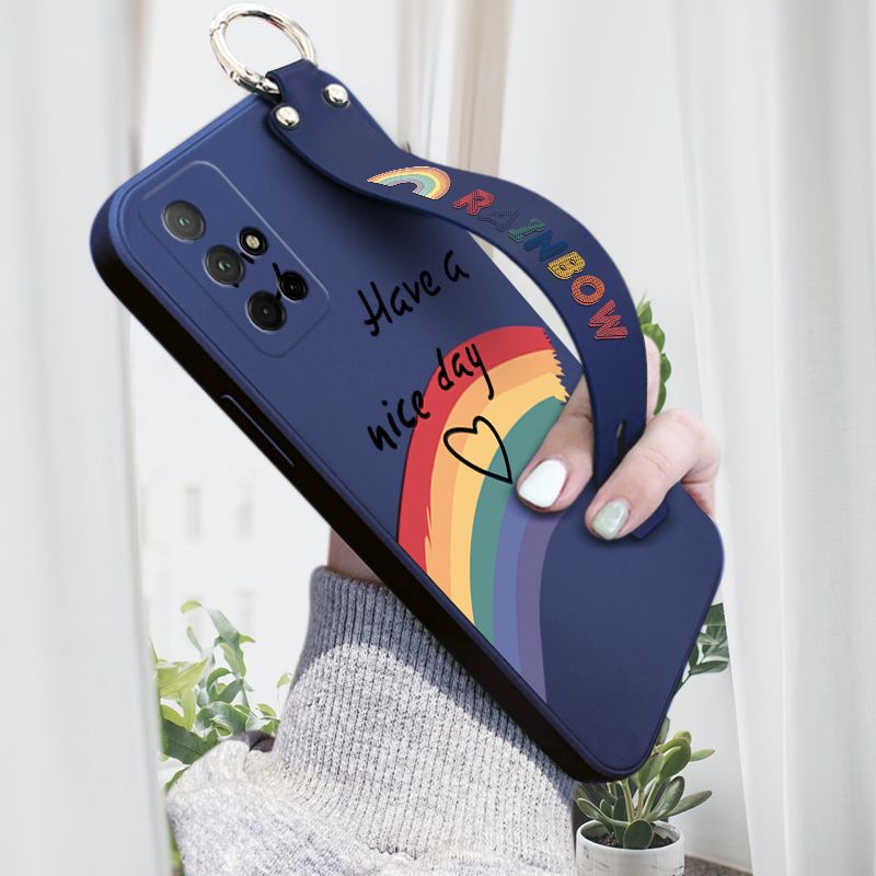 Hontinga for Honor 30S Wrist Strap Case Lovely Graffiti Rainbow Smile Thin Phone Cover Square Edge Liquid Silicone Creativity Phone Case