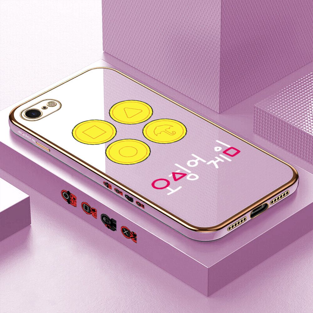 Luxury 6D Plating Soft Casing Silicone Square Frame Phone Case For iPhone SE 2020 Case Shiny Bling Back Cover Popular Game Patterns Square Edge Pattern Design Soft Case + Free Lanyard