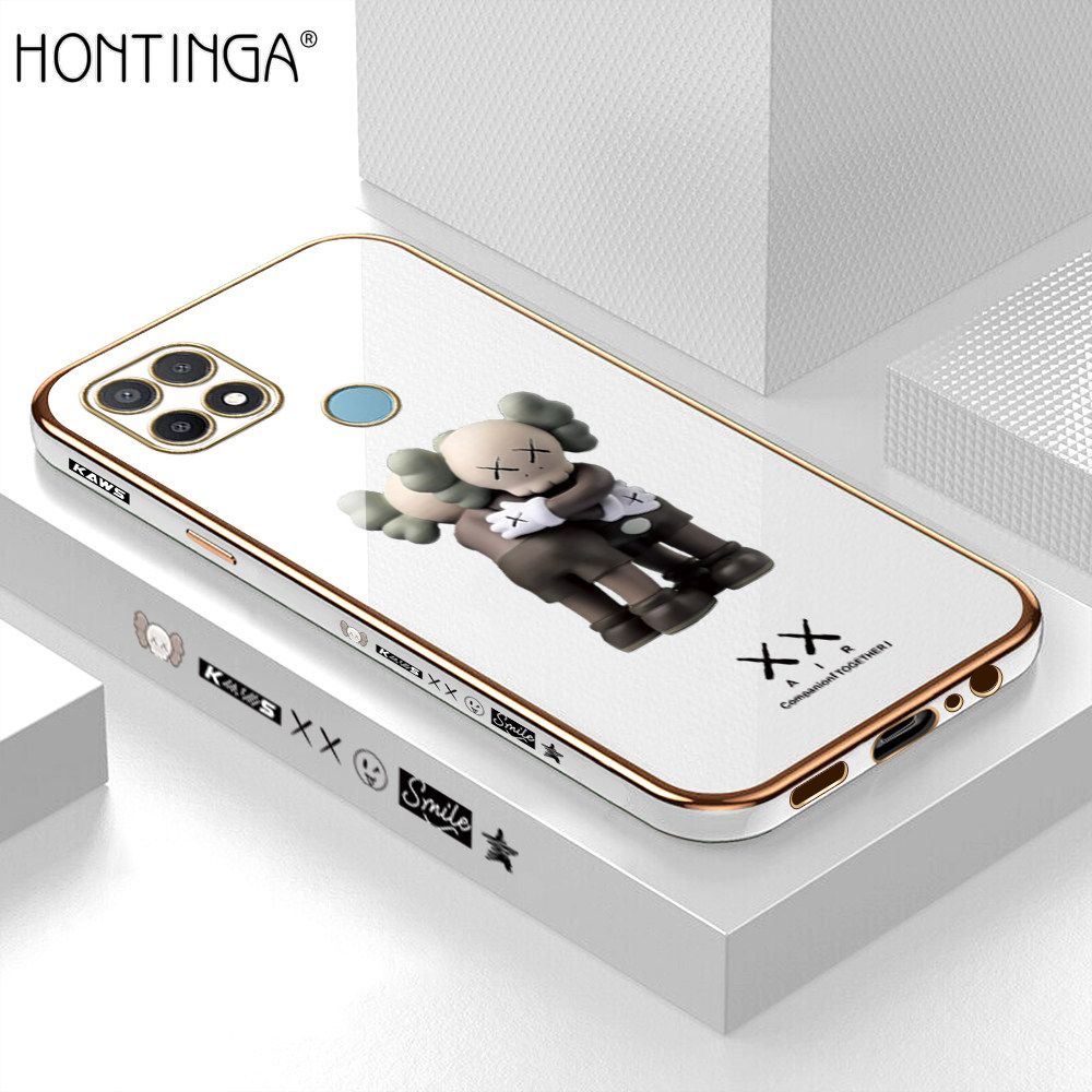 Hontinga for OPPO A15 A15S Back Cover + Free Lanyard Luxury 6D Plating Cartoon Hug bear Side Pattern Case Soft Silicone Square Mobile Cover