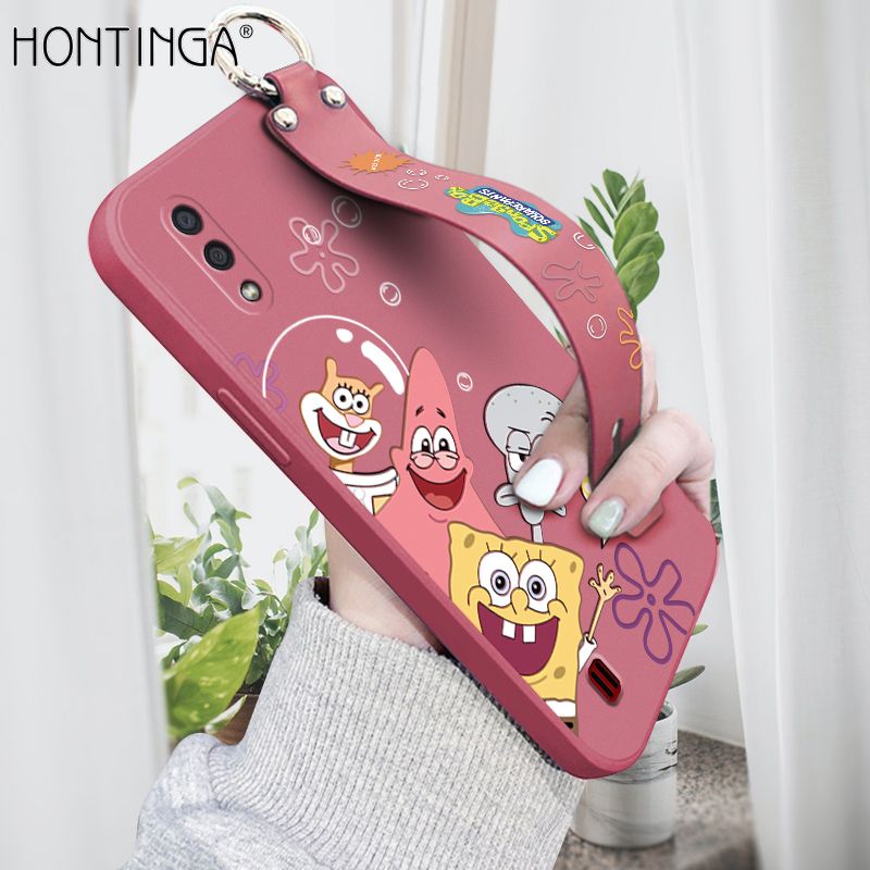 Hontinga for Samsung Galaxy A01 Wrist Strap Case Cute Cute Funny Cartoon Sponge for Square Pants Cover Square Edge Liquid Silicone Anti-drop Phone Case