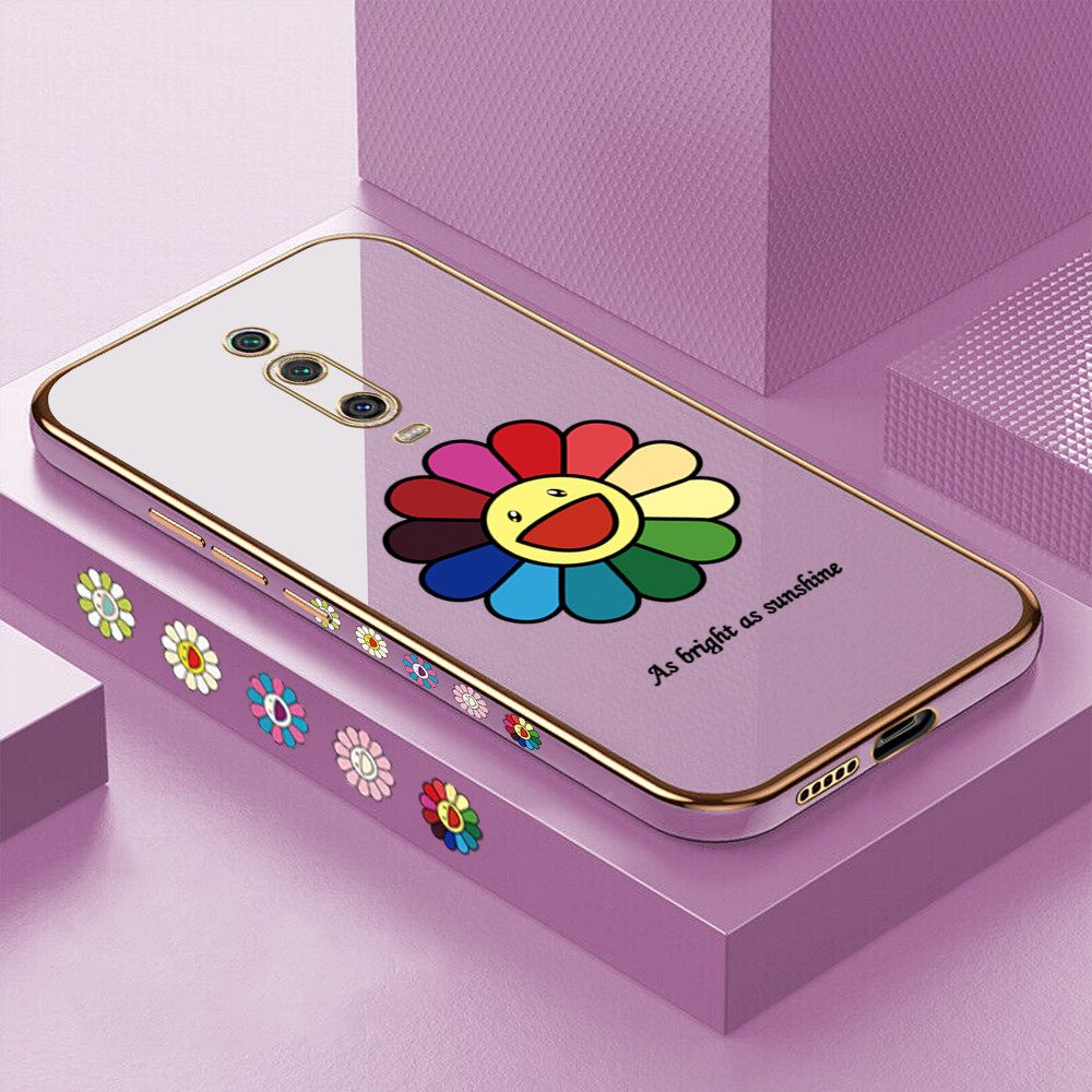 Luxury 6D Plating Case for Redmi K20 Colored Sunflower Side Pattern Back Cover Soft Silicone Square Frame Shiny Bling Phone Cases + Free Lanyard