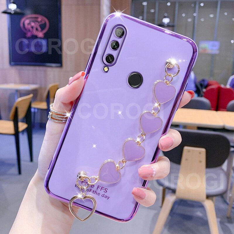 For Huawei Y9 Prime 2019 Cover + Love Heart Bracelet Fashion Shiny Wrist Chain Plating Bumper Slim Phone Case Soft TPU Silicone Shockproof Protective Back Cover