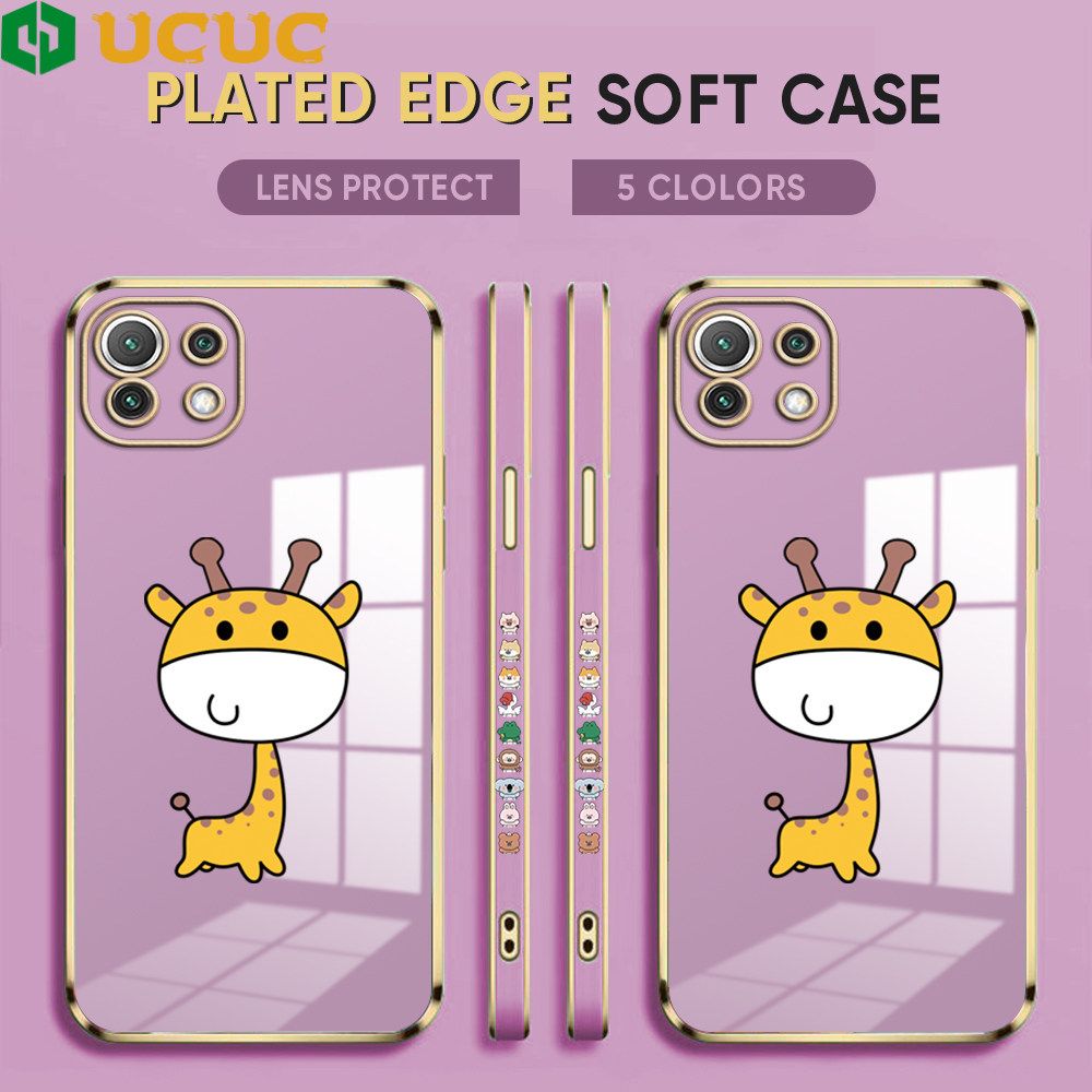UCUC for Xiaomi 11 Lite / 11 Lite 5G / 11 Lite 5G NE Back Cover + Free Lanyard Big Head Giraffe Luxury 6D Plating Case Side Pattern Soft Silicone Square Phone Cases