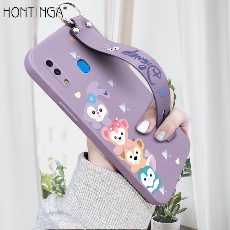 Hontinga for Samsung Galaxy A20 A30 Wrist Strap Case INS Cute Style Creative Cartoon Rabbit and Fox Cover Thin Square Edge Liquid Silicone Phone Case