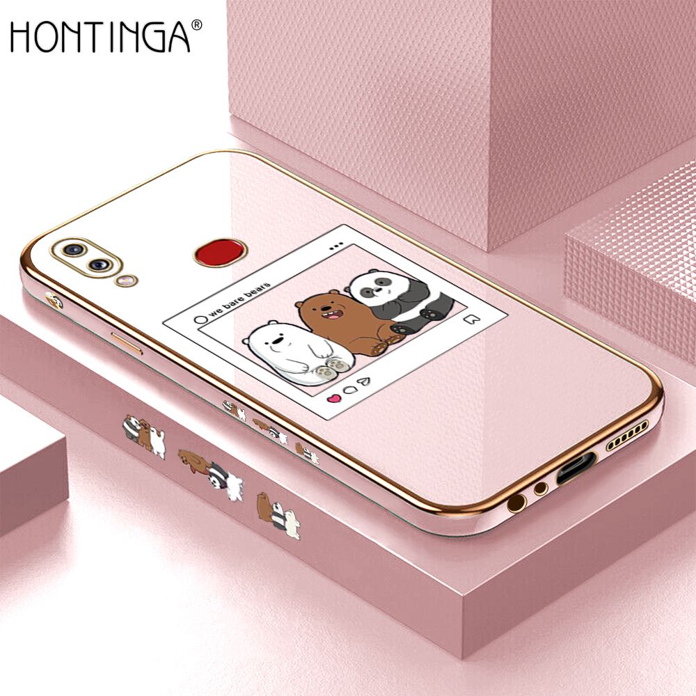 Hontinga for Samsung A10S Back Cover + Free Lanyard Luxury 6D Plating Photo three bears Side Pattern Case Soft Silicone Square Mobile Cover