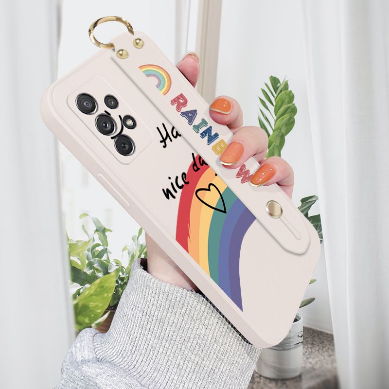 Jizetin for Samsung Galaxy A72 / A72 5G Wrist Strap Case INS Style Smile Rainbow Cover Ultra Thin Anti Fall Liquid Silicone Phone Case