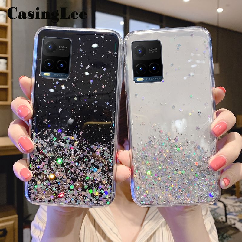 Casinglee For VIVO Y33S case Full Stars Moon Glitter Bling Sequins Cases Soft Back cover for VIVO Y33S Phone cases Starry Sky Transparent For girls and Boys