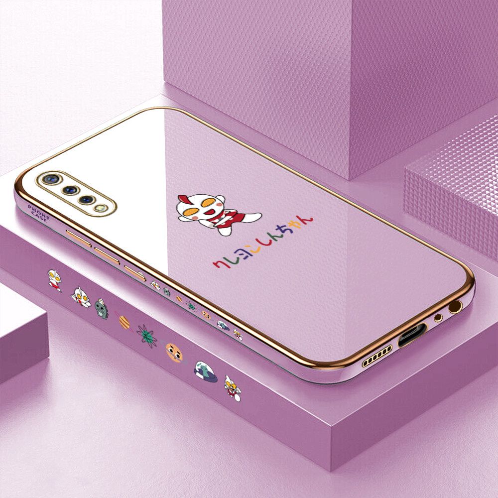 Luxury 6D Plating Case for Vivo S1 Cute Cartoon Side Pattern Back Cover Soft Silicone Square Frame Shiny Bling Phone Cases + Free Lanyard