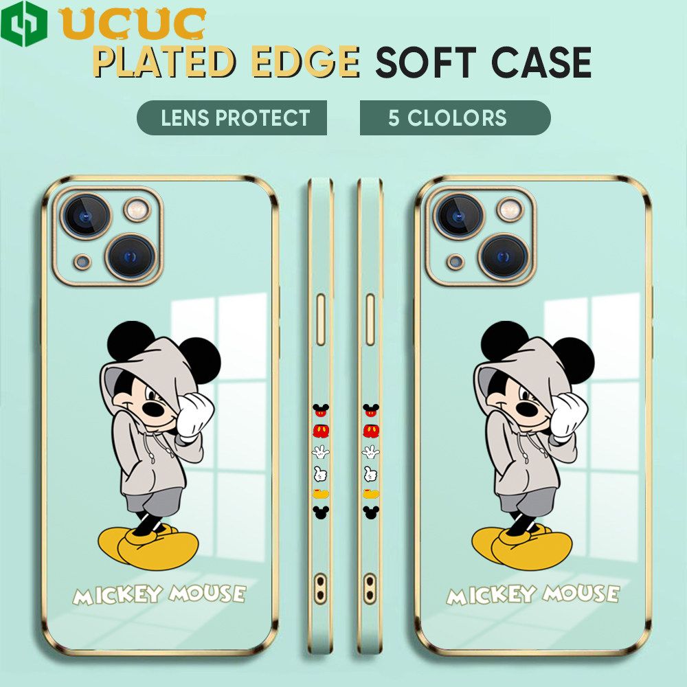UCUC for iPhone 13 Back Cover + Free Lanyard Hoodie Mouse Luxury 6D Plating Case Side Pattern Soft Silicone Square Phone Cases