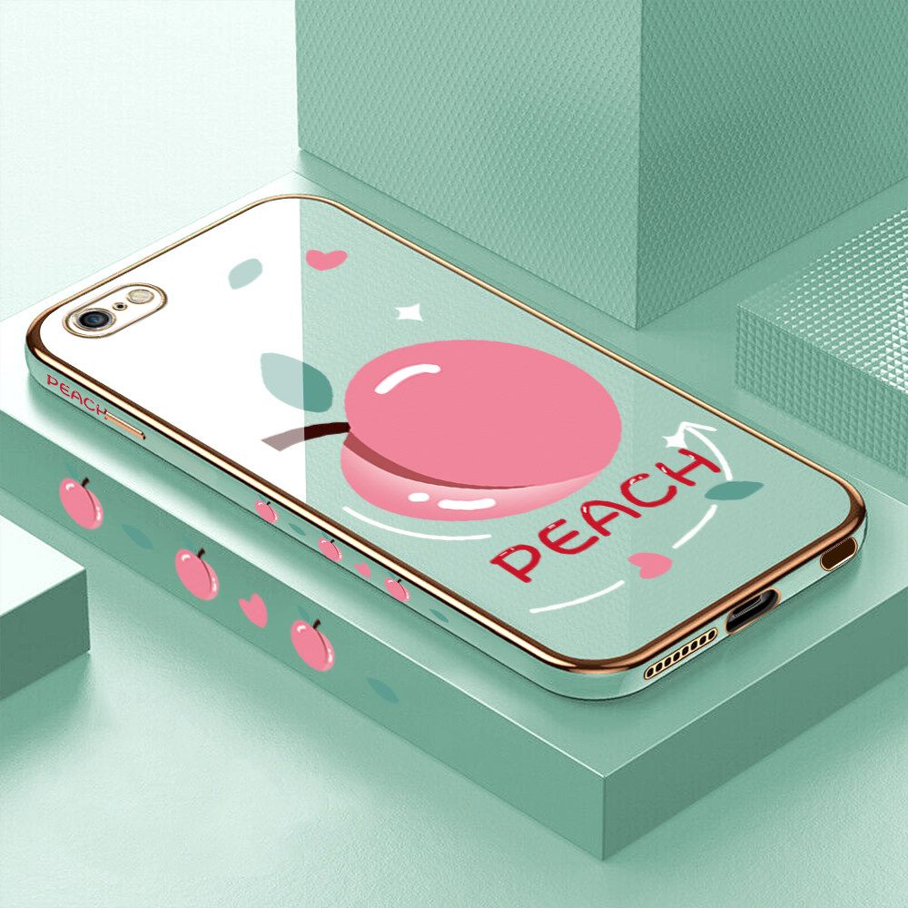 Luxury 6D Plating Case for iPhone 6 Plus Cartoon Simple Peach Side Pattern Back Cover Soft Silicone Square Frame Shiny Bling Phone Cases + Free Lanyard