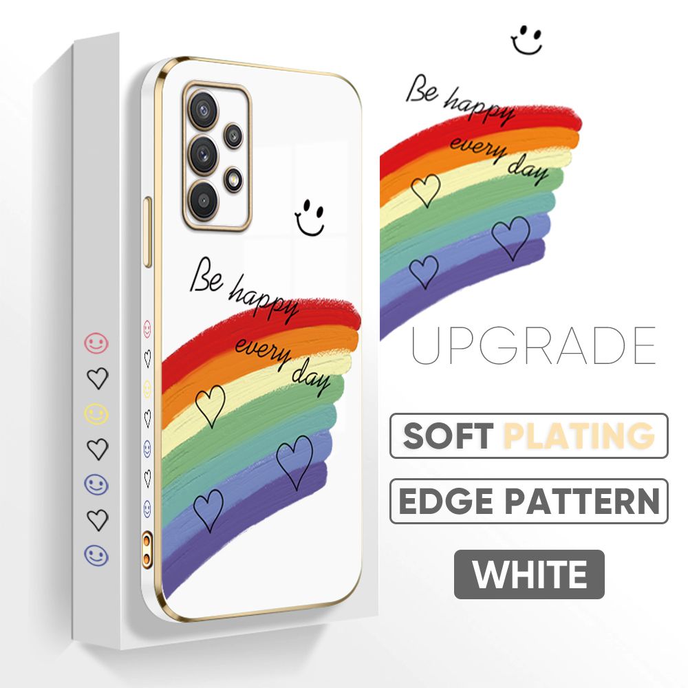 TA for Samsung Galaxy A32 5G Back Cover + Free Lanyard Rainbow Doodle Luxury 6D Plating Case Side Pattern Soft Silicone Square Phone Cases