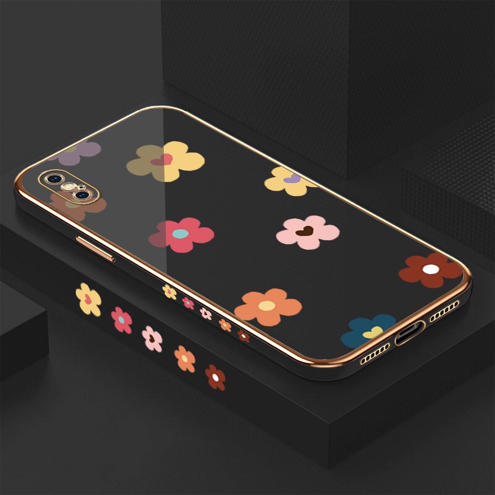 Luxury 6D Plating Case for iPhone XS Color Cartoon Flowers Side Pattern Back Cover Soft Silicone Square Frame Shiny Bling Phone Cases + Free Lanyard