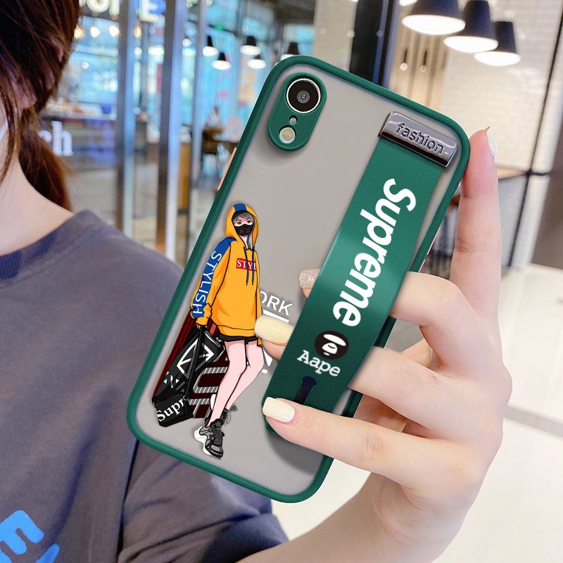 UCUC for iPhone XR Wrist Strap Case Creative Cartoon Handsome Girl Wristband Printing Cover Shockproof Frosted Phone Case