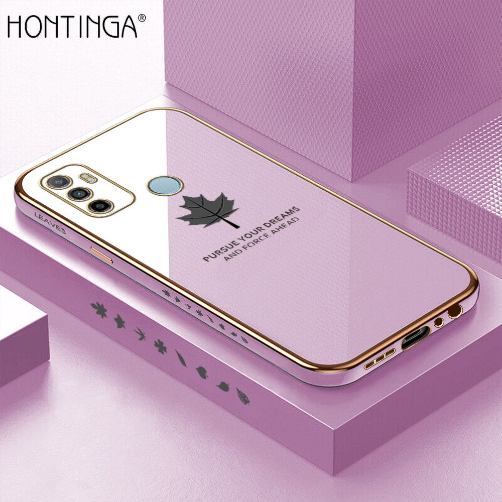 Hontinga for OPPO A53 2020 A33 2020 Back Cover + Free Lanyard Luxury 6D Plating Shiny Maple leaf Phone Case Soft Silicone Square Mobile Cover