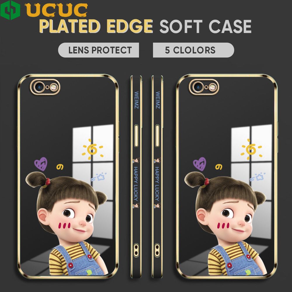 UCUC for iPhone 6 Plus 6s Plus Back Cover + Free Lanyard Lovely Girl Luxury 6D Plating Case Side Pattern Soft Silicone Square Phone Cases