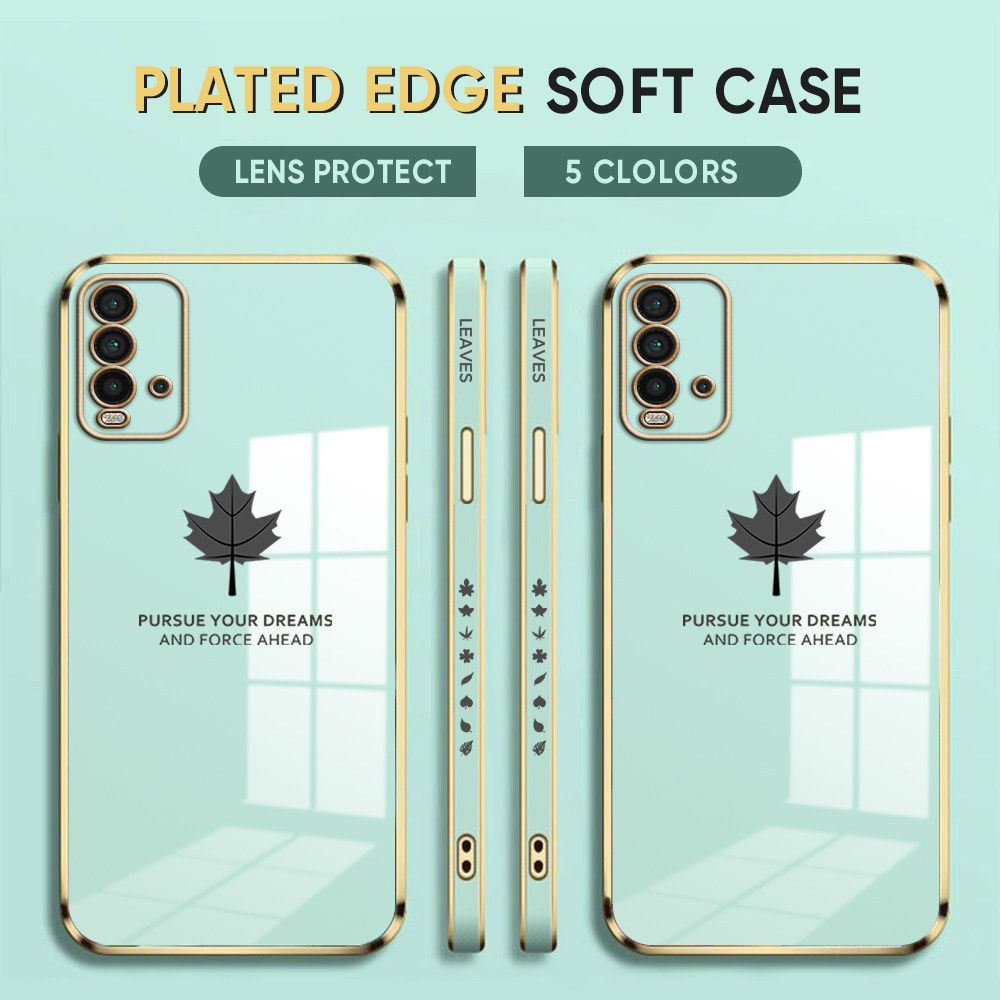 Luxury 6D Plating Case for Redmi 9T Phone Cases Maple Leaf Side Print Soft Silicone Square Back Cover