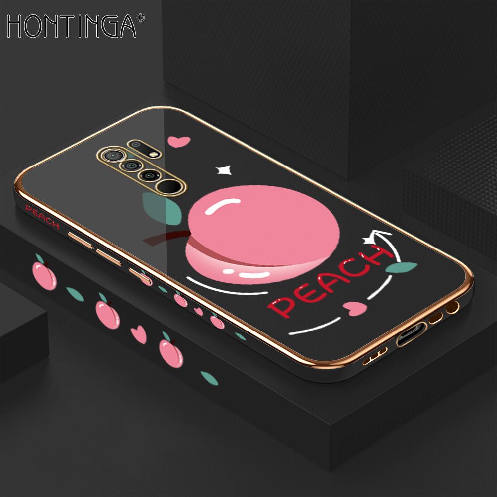 Hontinga for Redmi 9 Case Luxury 6D Plating Soft Casing Silicone Square Frame Phone Cover Shiny Bling Side Print Cartoon Simple Peach Cases