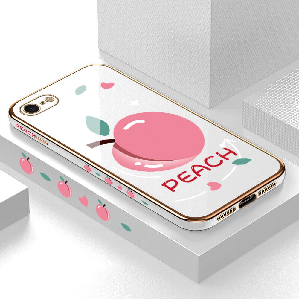 Luxury 6D Plating Case for iPhone 8 Cartoon Simple Peach Side Pattern Back Cover Soft Silicone Square Frame Shiny Bling Phone Cases + Free Lanyard