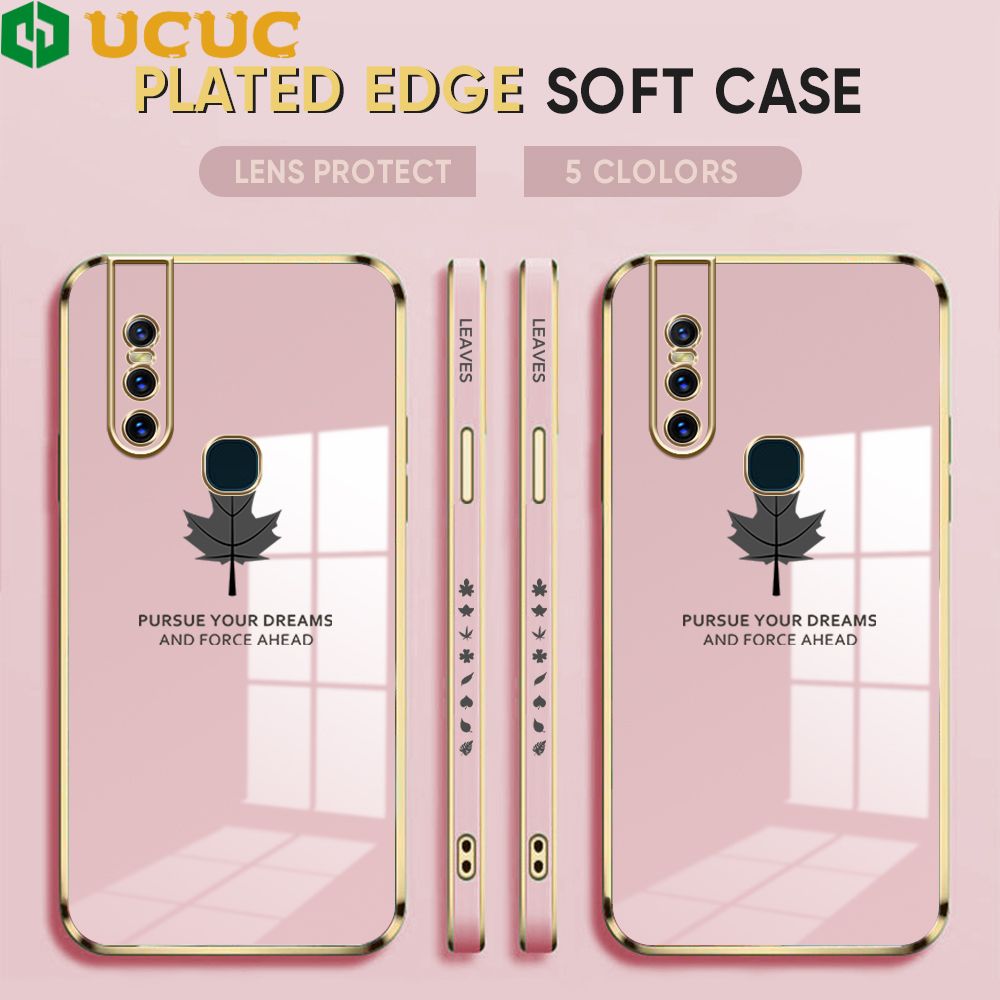 UCUC for Vivo V15 1819 Back Cover + Free Lanyard Maple Leaf Luxury 6D Plating Case Side Pattern Soft Silicone Square Phone Cases