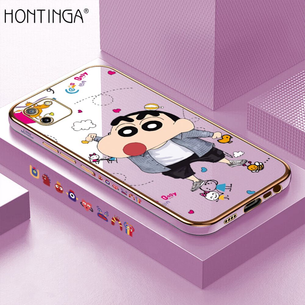 Hontinga for Realme C11 Back Cover + Free Lanyard Luxury 6D Plating Cartoon Crayon Shin-chan Side Pattern Case Soft Silicone Square Phone Cases
